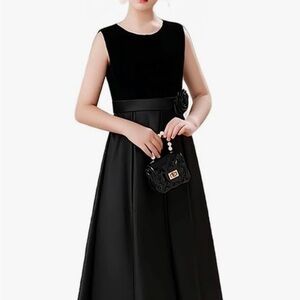 Girl’s Elegant Black Satin and Velvet Sleeveless Dress